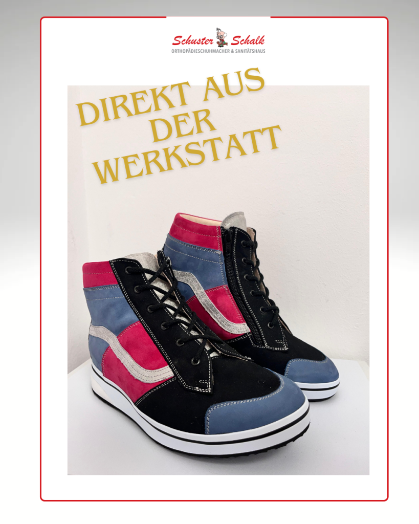 Zwei moderne orthopädische Schuhe in Schwarz, Blau und Pink stehen auf einem weißen Hintergrund. Darüber steht der Schriftzug „Direkt aus der Werkstatt“. Das Logo von Schuster Schalk, Orthopädieschuhmacher & Sanitätshaus, ist oben zu sehen.