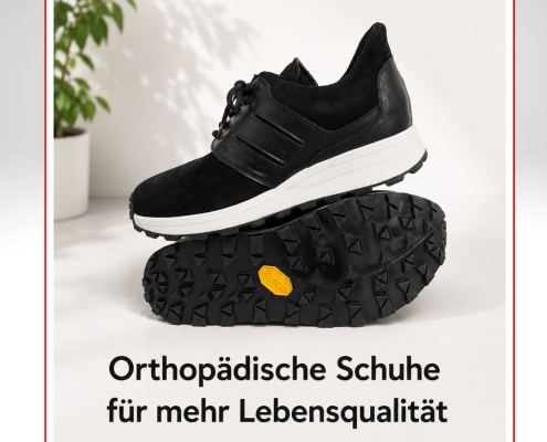 Bild von einem Paar orthop&auml;dische Schuhe und Beschreibung der Vorteile