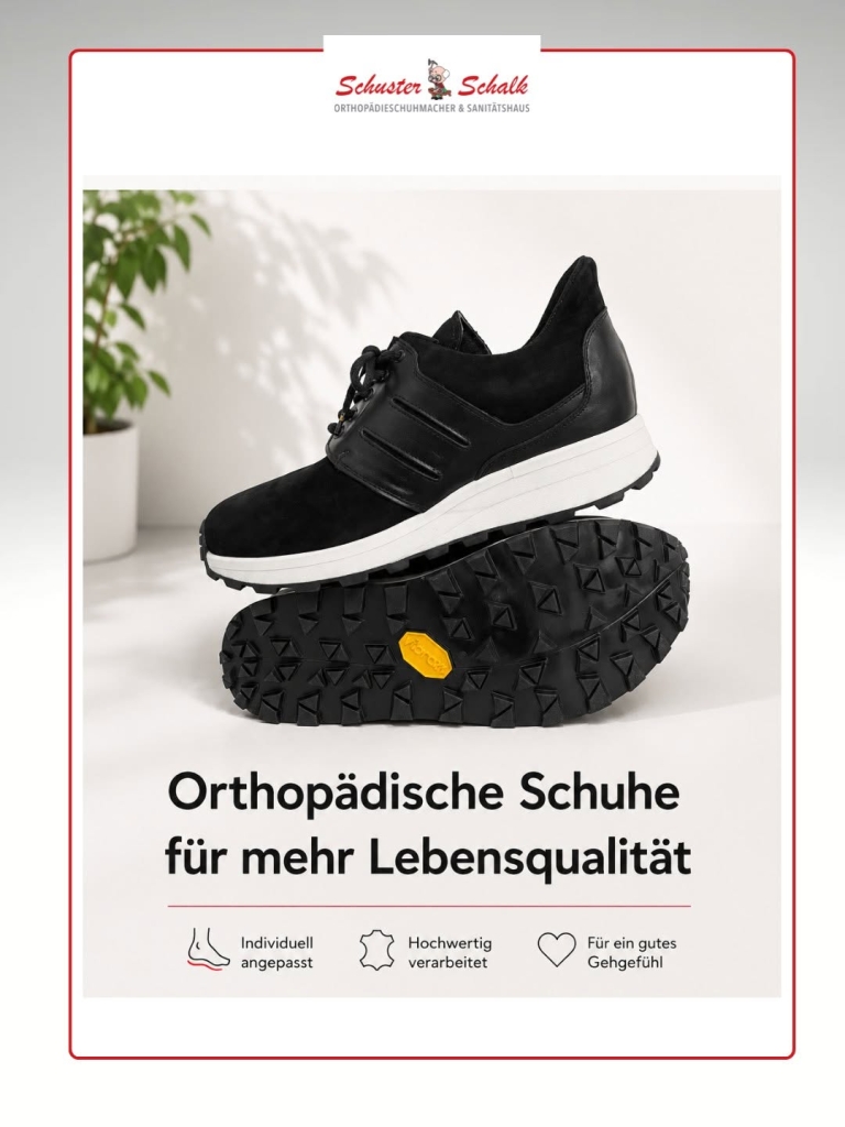 Bild von einem Paar orthopädische Schuhe und Beschreibung der Vorteile